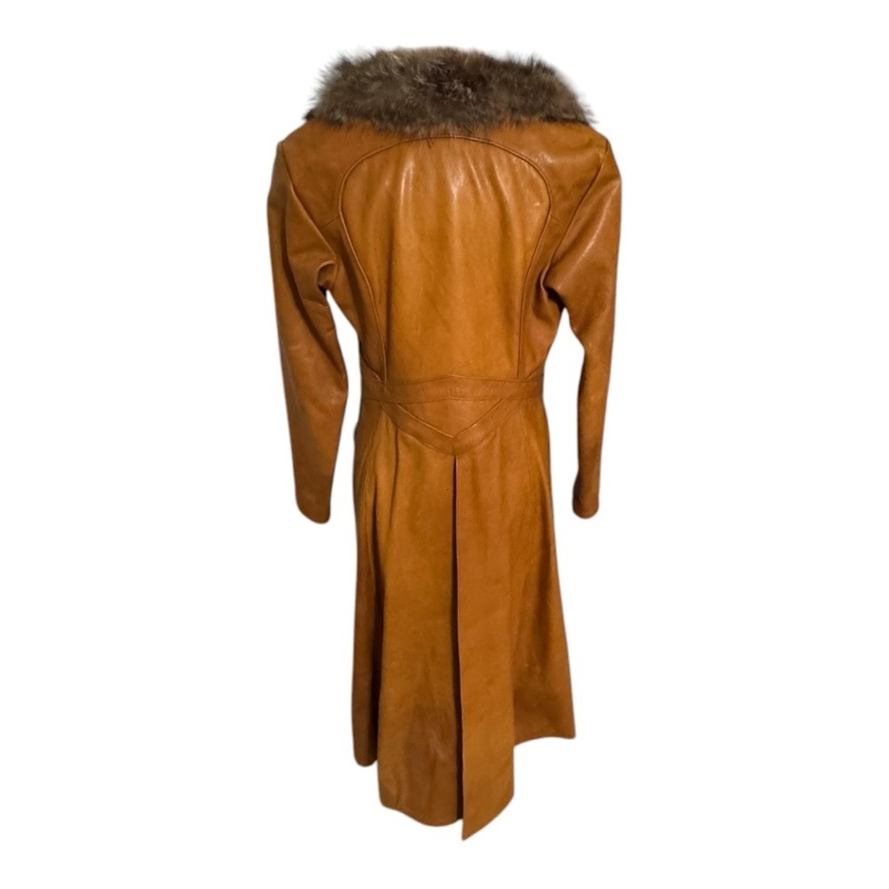 VINTAGE Mango Road Inc Leather Fur Jacket Trench Coat Long Penny Lane XS S Brown - Picture 4 of 14